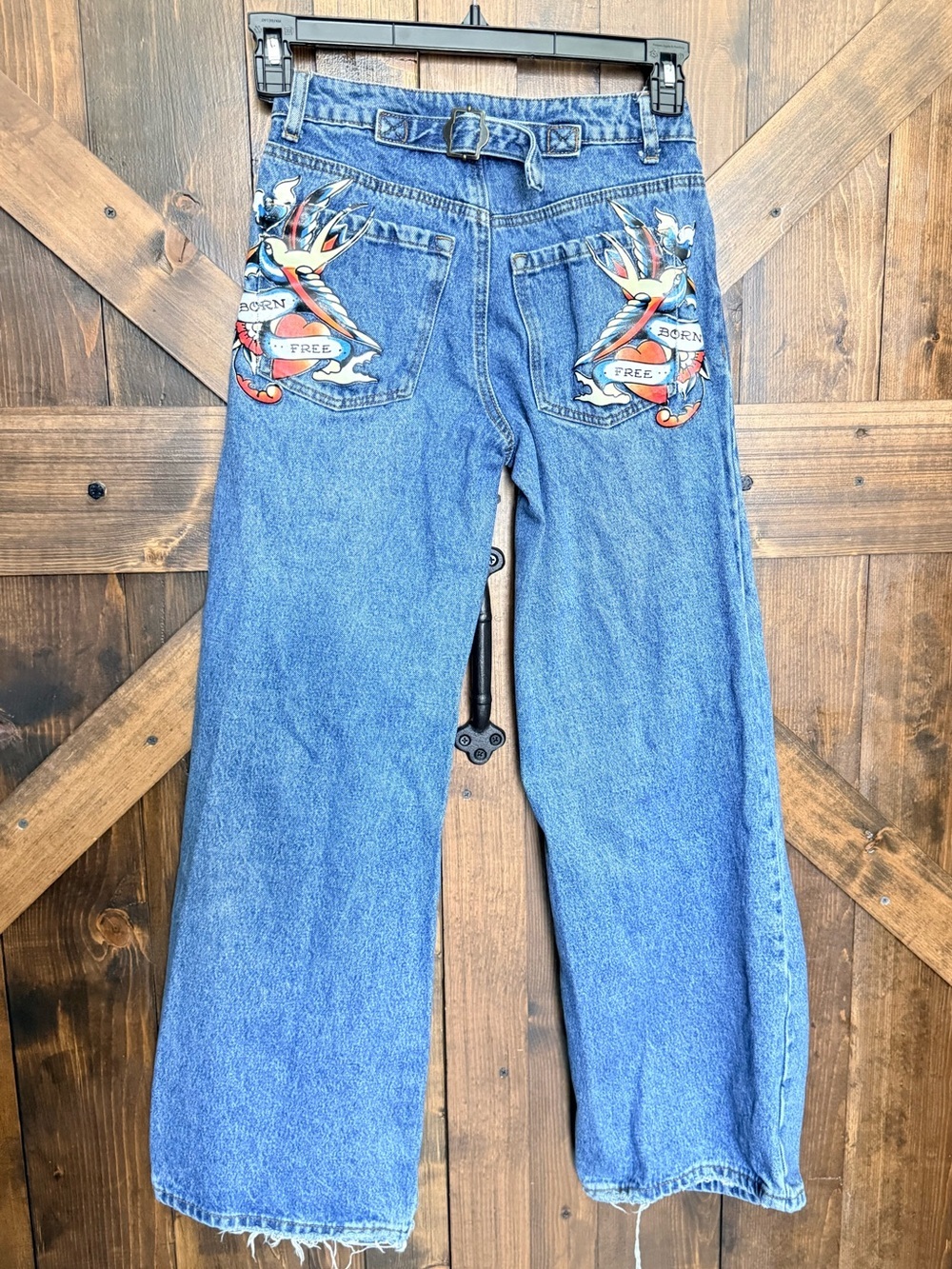ED HARDY Born Free Tattoo Wide Leg Cinch Back Denim Jean Size 24